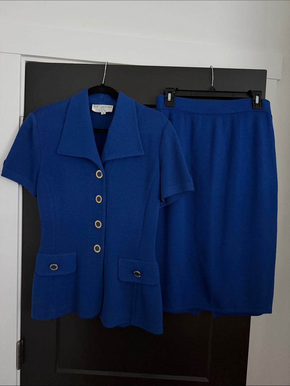 St. John Royal Blue Knit Skirt Set with Gold Buttons